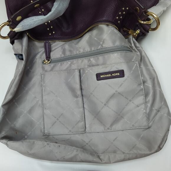 Michael Kors Aria Purple Pebbled Leather Studded Zipper Closure Shoulder Bag - Picture 10 of 16